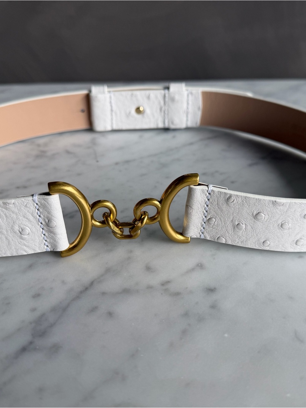 NWOT LK Bennett White ostrich-embossed Leather Belt with Gold Chain Link Buckle